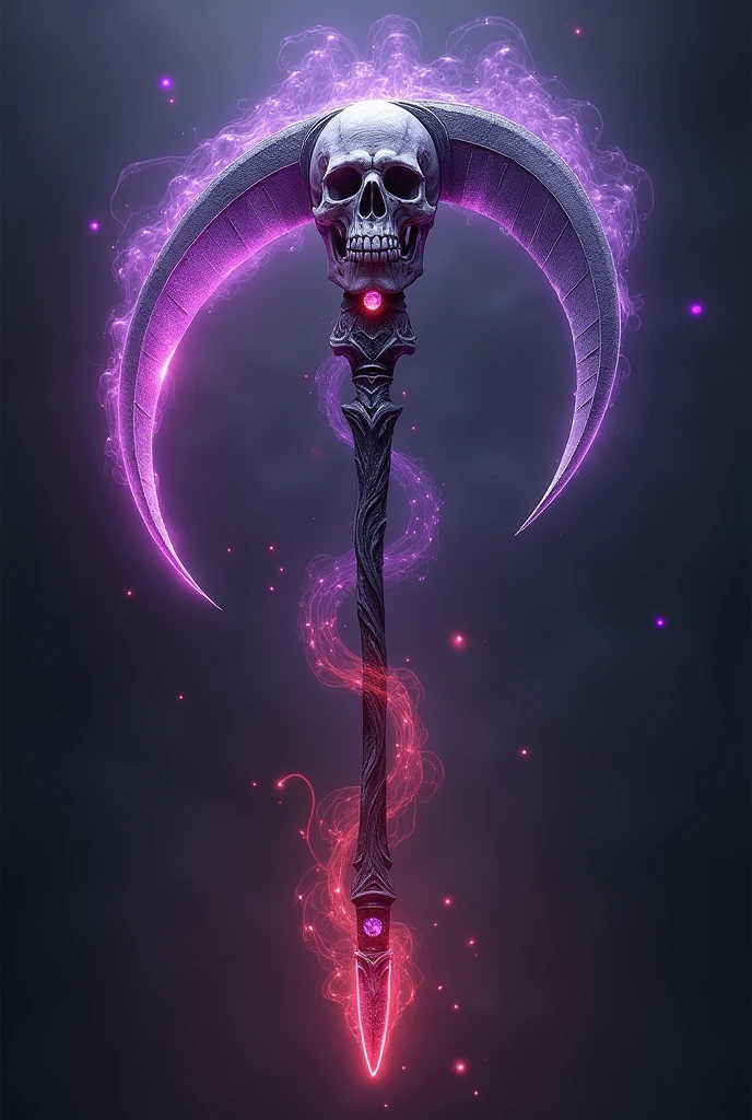 create a scythe with a purple and red aura, with a bone skull with amethyst eyes