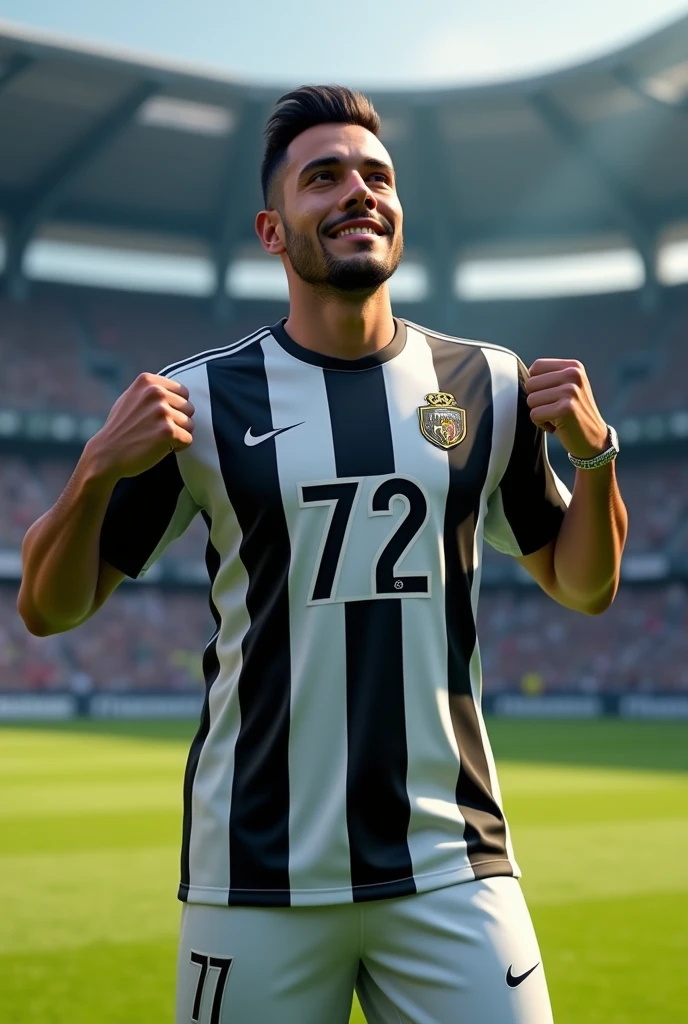 Player showing off striped football shirt from end to end,black and white Number:72 Name: Thiago CLUB:Vasco da Gama