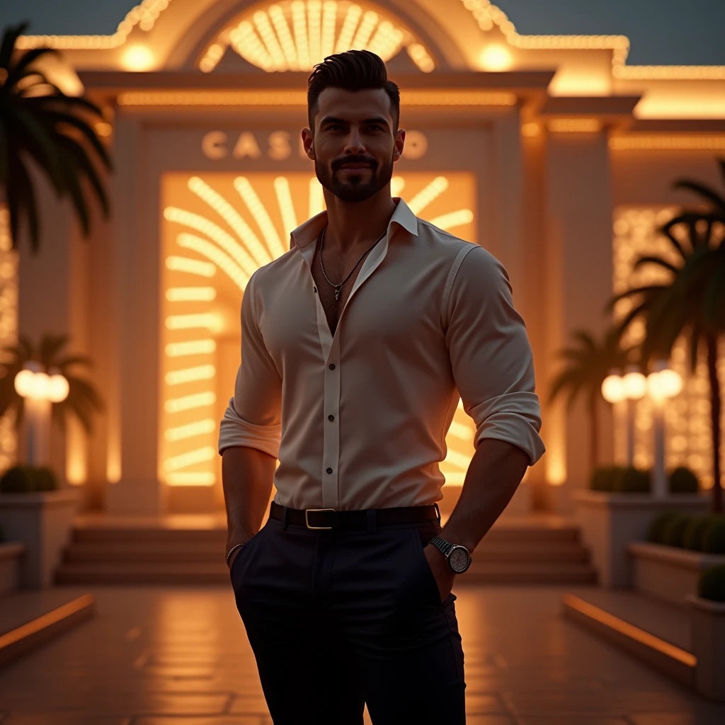 (Masterpiece, Hyperrealistic, 8k, HDR, RAW), ((Natural illumination)), sunset illumination, cold illumination, ((Standing)), (((In front of a luxurious Casino))), (Short beard), 2, ((Translucent shirt)), ((Dark trousers)), ((Bulge)), ((Sophisticate haircut)), ((Toned muscular body)), ((Dark hair)), sexy face, sexy grin, perfect anatomy