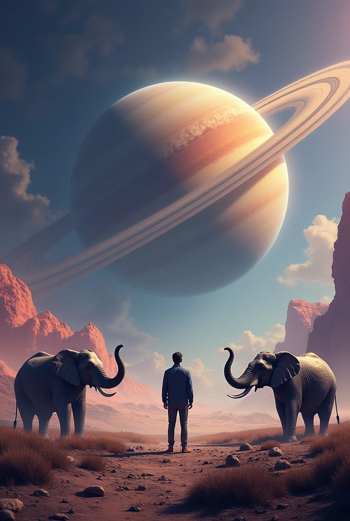 A man standing in saturn and see elephants 