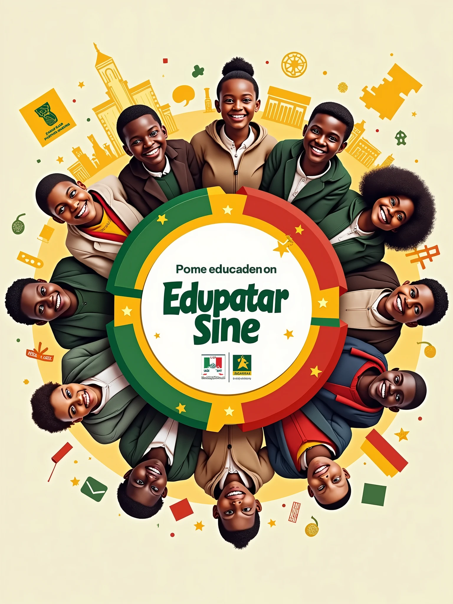 A colorful and dynamic promotional image for Edupatar sine.com, a Senegalese education group. In the center, a large stylized logo combining traditional Senegalese elements and modern educational symbols. Around the logo, smiling Senegalese students of different ages, some wearing school uniforms, others in casual clothes. In the background, a mix of modern school buildings and traditional Senegalese architecture. Icons representing different subjects (mathematics, science, literature) float around the students. A map of Senegal is subtly integrated in one corner. The colors of the Senegalese flag (green, yellow, red) are used predominantly. The slogan "Education for all in Senegal" appears at the bottom of the image in French and Wolof.