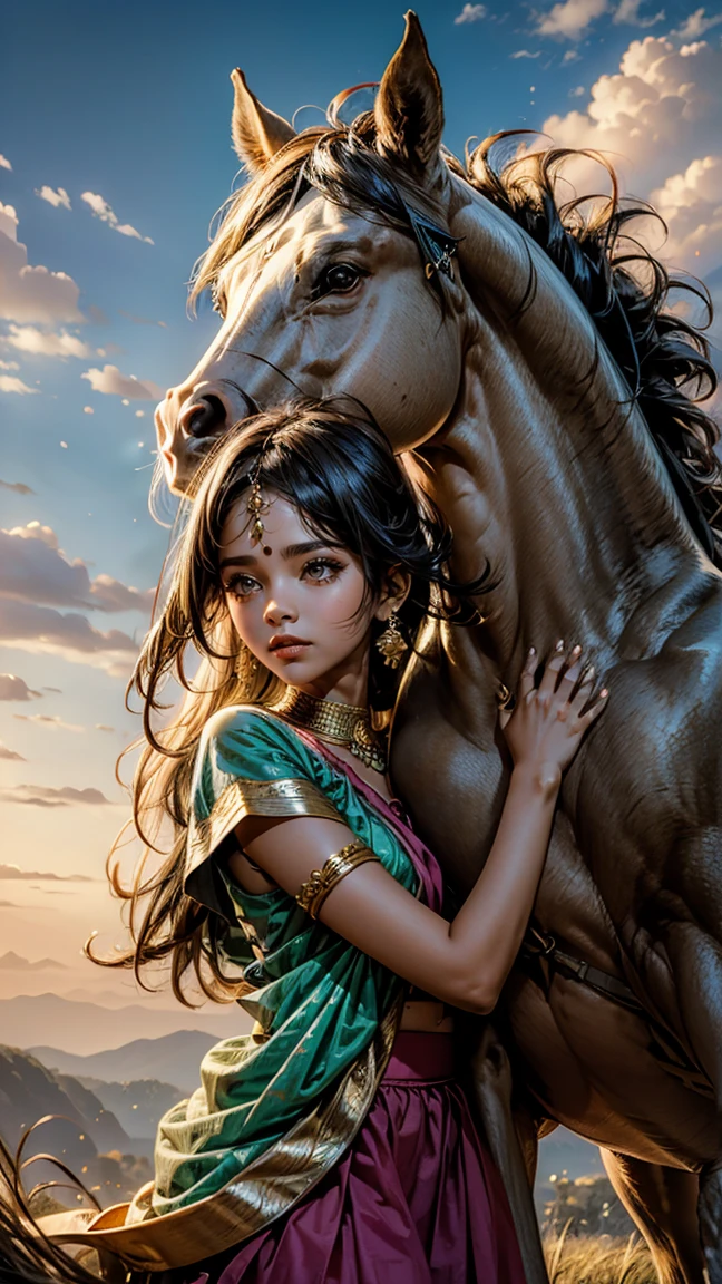 A beautiful cute indian girl hugging a horse face