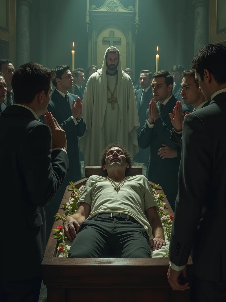 Para criar uma imagem realista de uma pessoa com depressão se levantando de seu caixão durante um velório, com as pessoas ao redor reagindo assustadas e chorando, use o seguinte prompt:
```json
{
"prompt": "A realistic image of a funeral scene. A person, who appears pale and gaunt, with dark circles under their eyes, is rising from their coffin in the middle of the funeral. The atmosphere is tense, with mourners around them, some crying in shock and fear, while others look terrified. The funeral setting is dimly lit, with flowers, candles, and a priest in the background. The overall mood is eerie and somber, capturing the unexpected and unsettling moment of someone coming back to life in the middle of their own funeral.",
"size": "1024x1024"
}
```