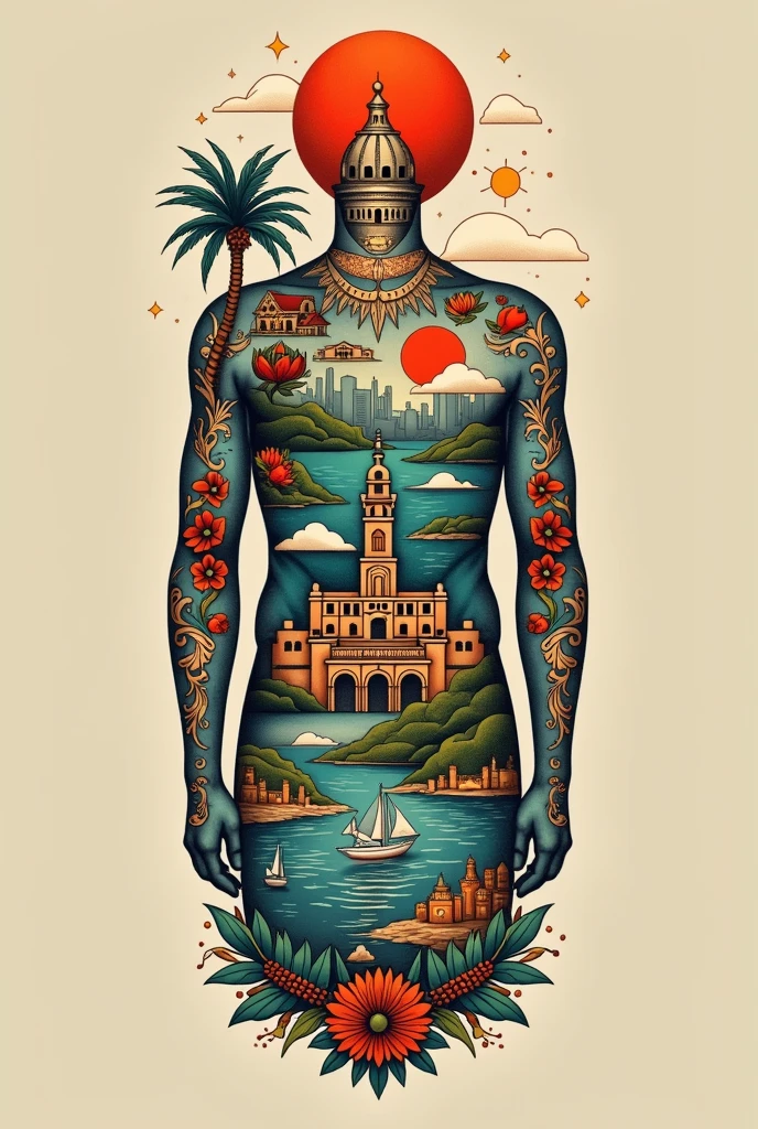Create image for tattoo, connecting the city of Ilhabela, Sao Paulo and the country of Italy