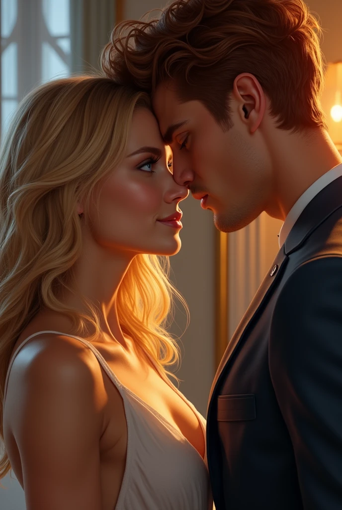 a beautiful woman with shoulder-length golden hair and blue eyes tried to seduce a man with auburn dark hair slightly long and hazel brown eyes