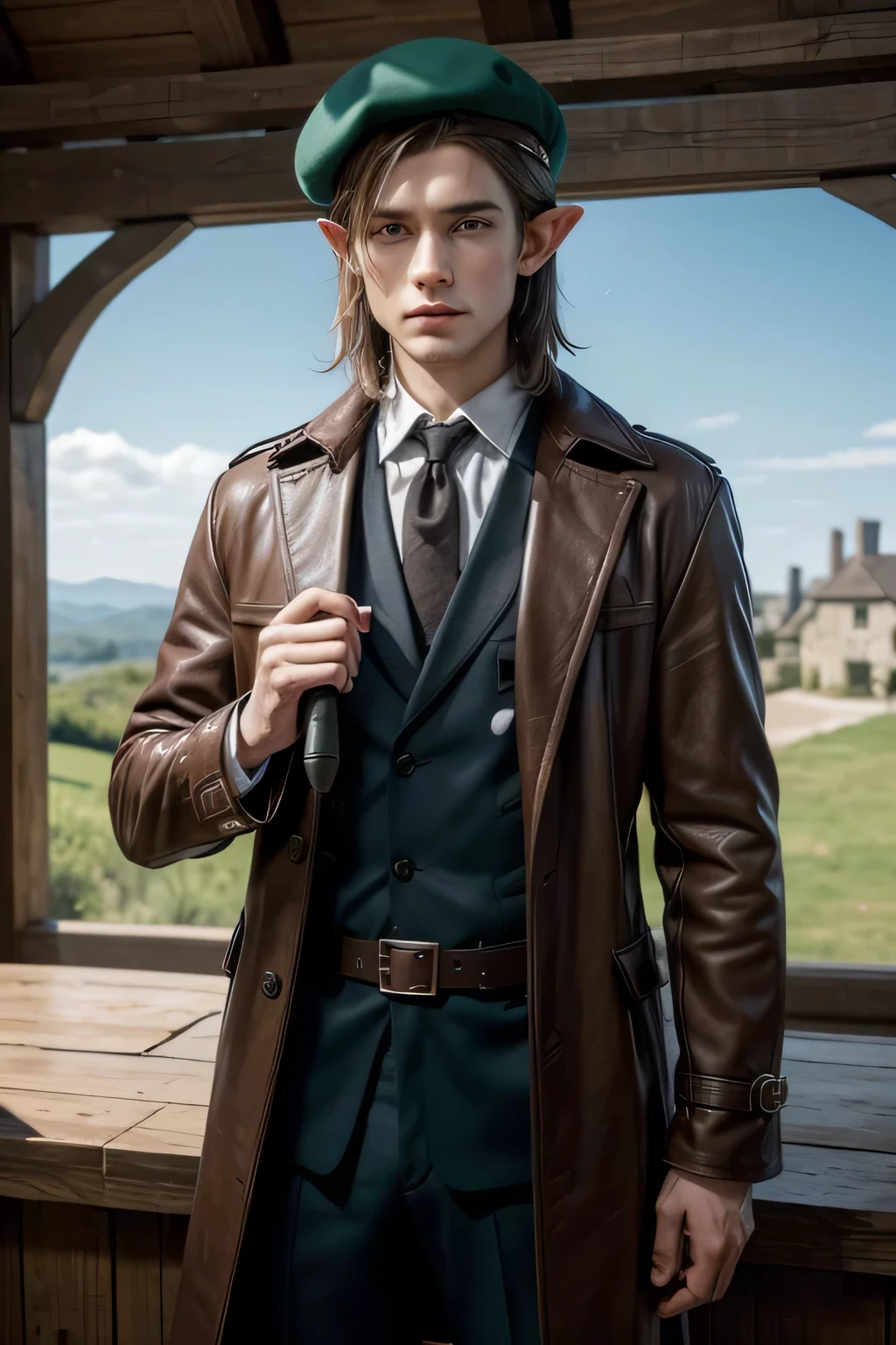 A half-elf who hides his pointy ears with an English-style beret, wearing a leather-trimmed suit as part of his undergarment, and wearing an overcoat in front of his clothing. and from the armor set, he has blue eyes, in a sheath on the right he has a short iron sword, and in front of his belt he has a pouch, in his right hand he uses a magnifying glass and in the left He holds a first aid kit, the scenery behind him is reminiscent of a medieval house in pieces, and he has a mysterious air as does his face which is half covered by a piece of cloth.