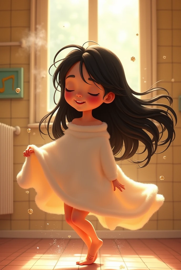 Generates a Disney Pixar-type image of a white girl with black hair dancing with a towel with wet hair in the shower



