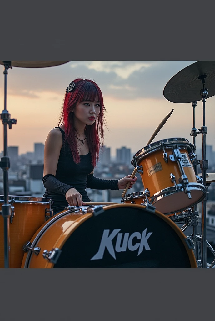 a red-haired Asian woman sitting on a ledge playing drums, sexly, janice sung, set on the rooftop of Tokyo, dreamy rock girl, sits in a rooftop, playing a drum, photo from a promotional shoot, made, in a rooftop, in a rooftop, kiyoko suzuki, e Kimura, photoshoot, masami suda, por Jason Teraoka, streaked hair, hair over shoulder, dashed eyes, seductive smile, multicolored hair, Serious, kubrick stare, makeup, hair ears, social media composition, dutch angle, Nikon, high quality, uhd, anatomically correct, 8k