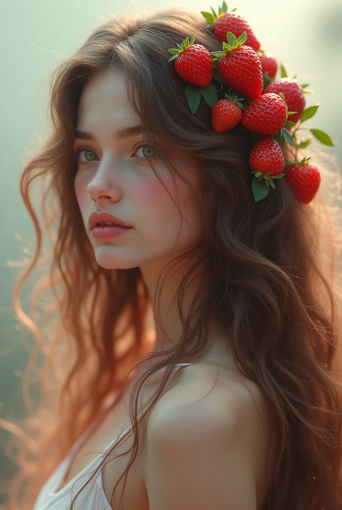 Long haired girl with strawberries on her hair
