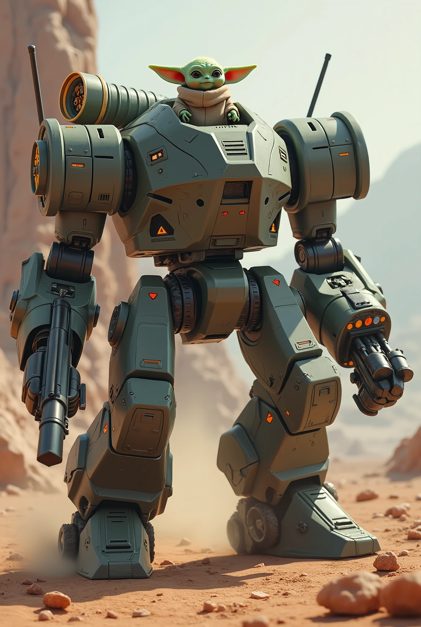 ((best quality)), ((masterpiece)), ((realistic)), 1baby Yoda, steering a giant mecha, cute yoda ,large,eyes, high-resolution, the mecha is equipped with a blue energy saber in the right hand and an assault rifle in the right hand, the mecha has a rocket launcher battery on the shoulder,