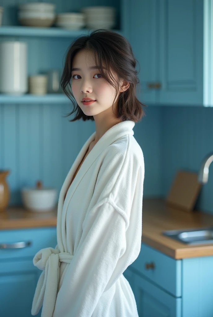 ((best quality, 8K, RAW photos, masterpiece :1.3)), (Practical、Practical:1.37)、Very detailed、Ultra-high resolution, (Professional lighting), ((From below:1.2)),((Full body image)),Solitary, 1 female, Solitary, (1), Japanese, Beautiful and delicate face, Shining eyes, Brown eyes,Small Breasts、 Small Breasts:1.3,(Nogizaka-style beautiful girl) , Delicate and beautiful skin, Texture, Blue Kitchen,
(Healthy smile),(((naked,detailed nipple,bathrobe)))