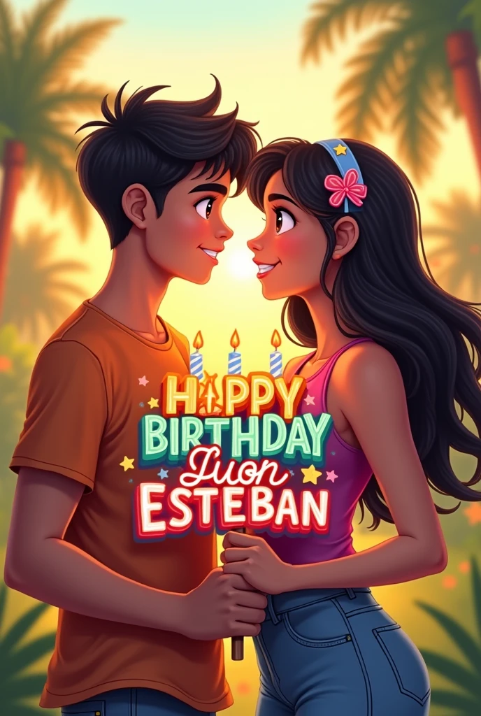 A young man with light brown skin and dark reddish brown eyes , a little muscular and short hair happy called Juan Esteban Gutiérrez Ortiz because in front of him is his friend Danna with dark skin, dark brown eyes and very long hair down to her tail (women) young man holding a sign that says "Happy birthday Juan Esteban ⁠♡" that they look at each other&#39;s faces with joy and in the background there is a landscape that represents that joy and that they have a nice matching outfit , but they look younger and the boy is like flirtatious and with hair a little shorter And the young girl looks a little younger with a submissive face, Well, they are looking slightly at the camera here in front. , This image is perfect, I need the poster to be more colorful and happy and what it says "Happy birthday Juan Esteban" This one with degraded and very epic letter and that they look towards my first perspective, The young Juan boy is slightly muscular and with the hair on top a little shorter, They both look around 15 years old, Perfect, I need the young man&#39;s hair to be shorter on the top of the man&#39;s head. I need them to be a little younger, about ., but they are holding the epic poster  , I need the young man&#39;s hair to be a little shorter on the top of his head please I need this professionally 
