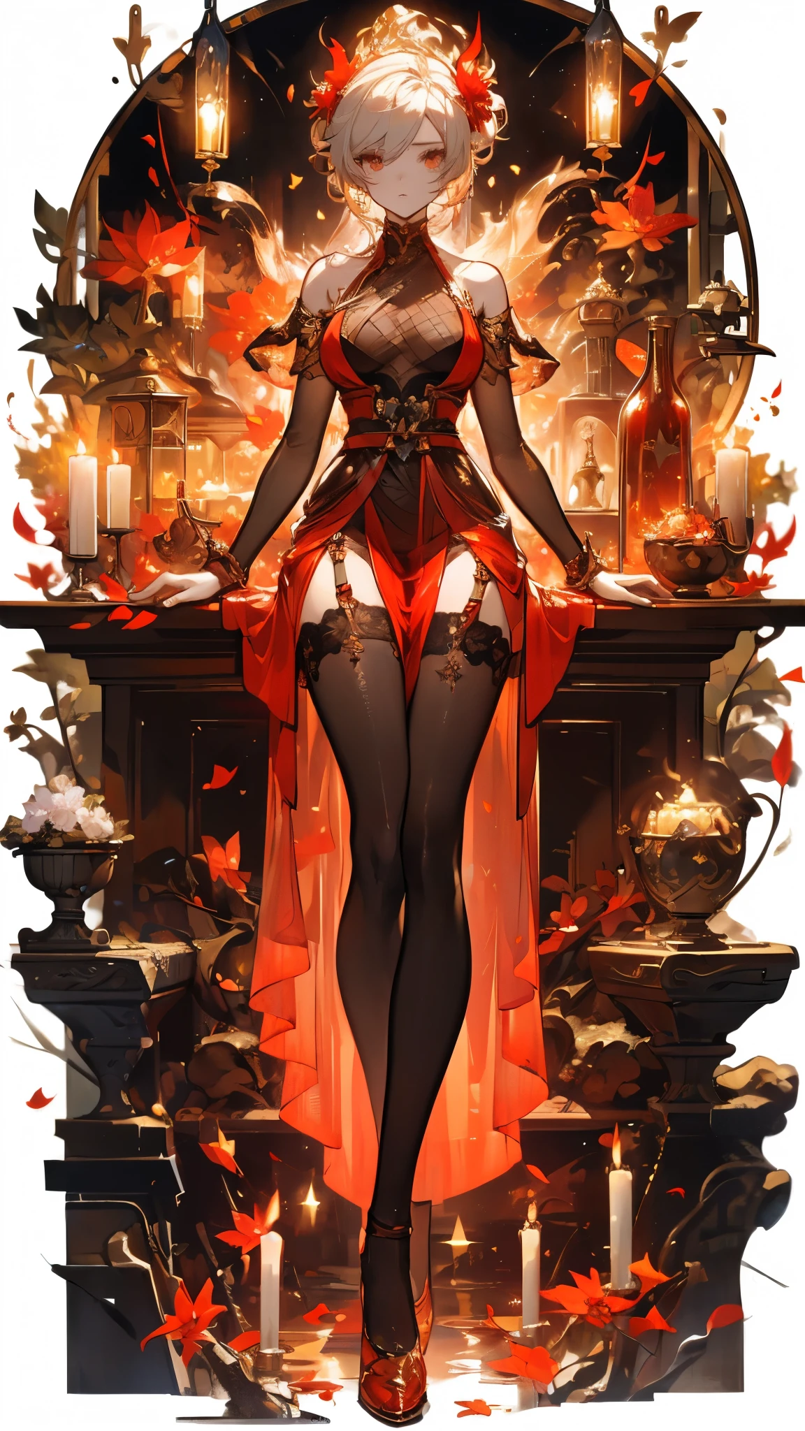 ((masterpiece， best quality))，Balrog，spark，Flame Surround，Delicate face，whole body，Perfect body proportions，luxurious，Extremely beautiful，Flame Leaves，Petals falling，sexly，See-through pantyhose，Fishnet stockings，transparent，Star decoration，NUDE