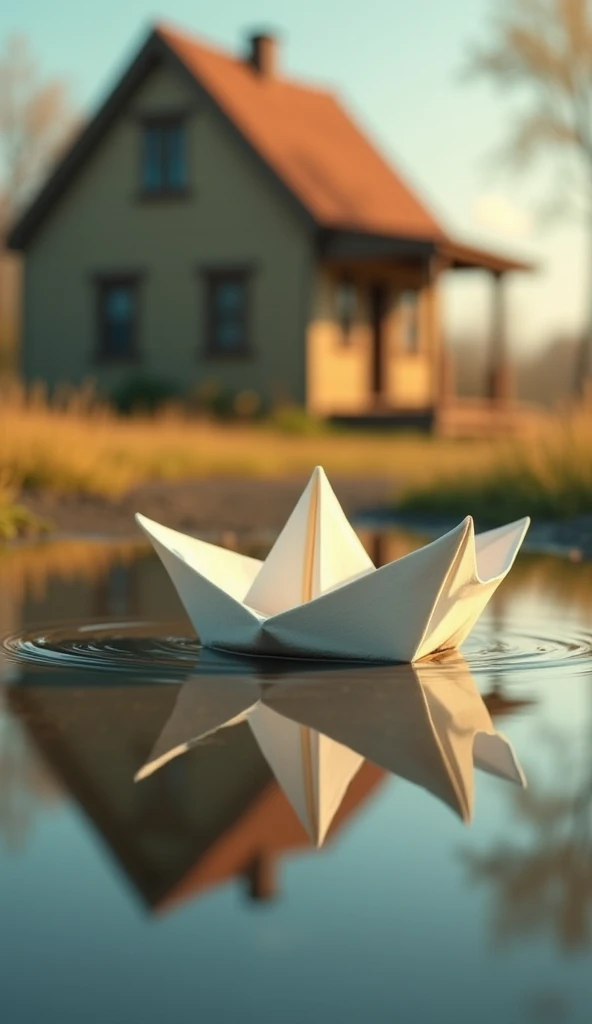 A paper boat is in a puddle and in front of a house.