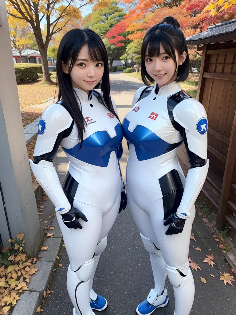 Japanese female android sisters,Black Hair,White and blue robot suit,Plump,Posing at a shrine amid autumn leaves,smile