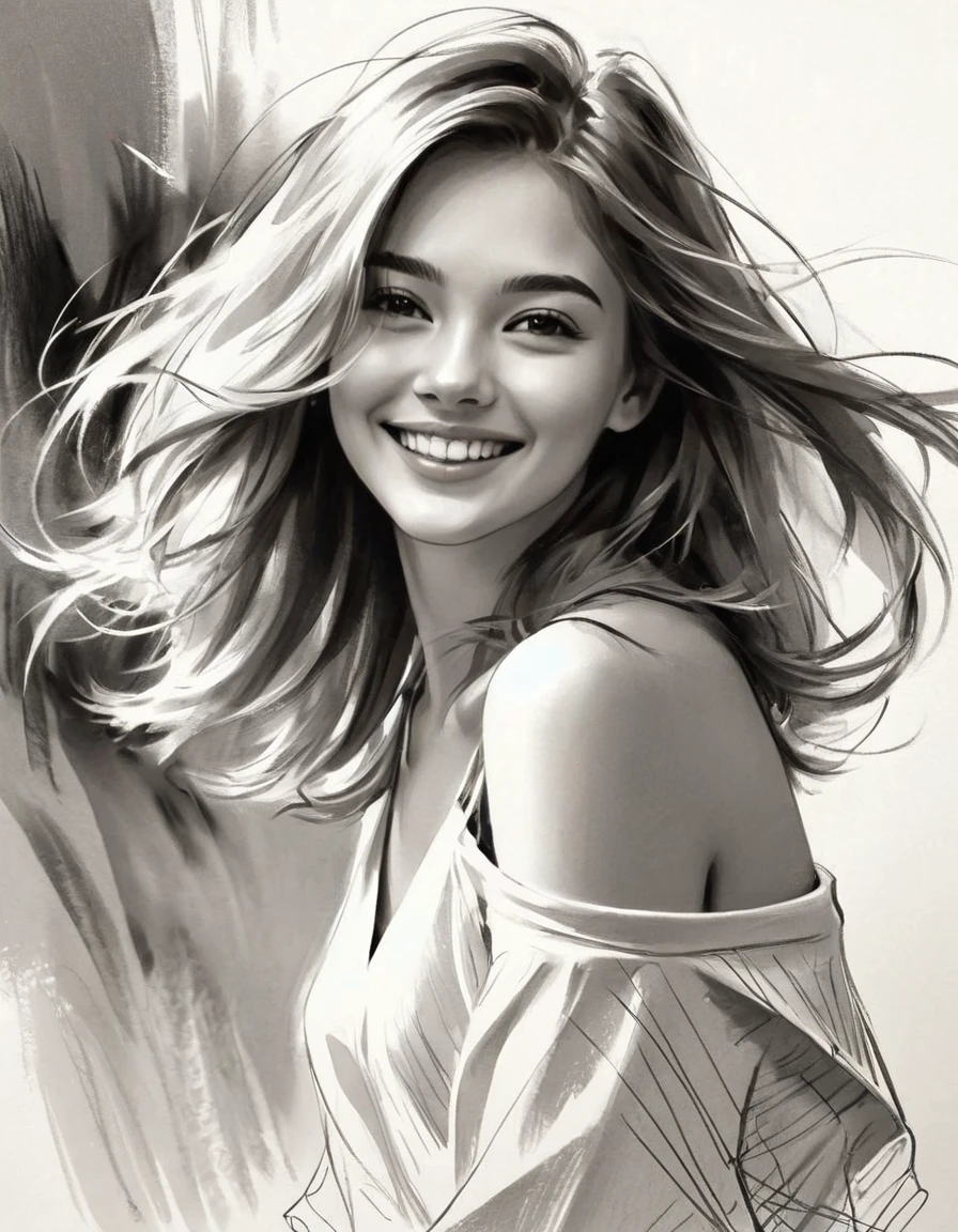 Sketches, precise and perfect strokes, one girl who turns around and looks at the viewer and smiles, shoulder-length hair swells in the wind, captures the atmosphere and momentary movements, brings out the inner side of the model, light, captures the core with lines, close-up, highest quality, masterpiece
