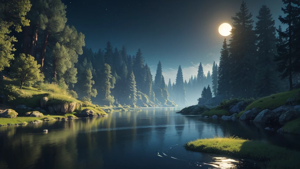 [Ultra-realistic]A serene alien landscape under two moons, soft glowing plants, and a calm river.