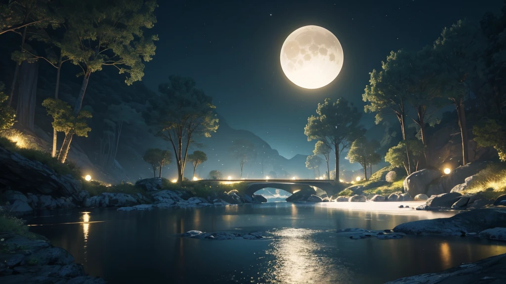 [Ultra-realistic]A serene alien landscape under two moons, soft glowing plants, and a calm river.