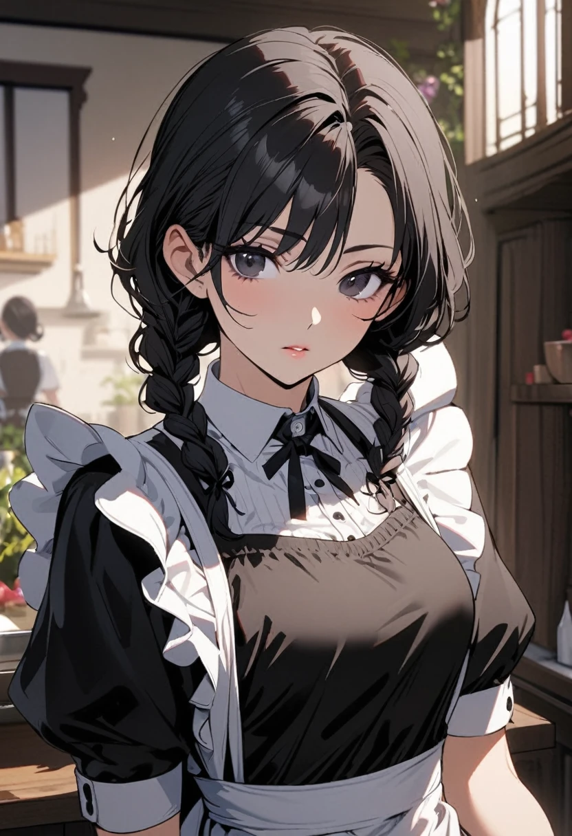 girl, mature, black hair, black eyes, beautiful, beautiful eyes, beautiful color, high detail, low double plait hair, maid, cool