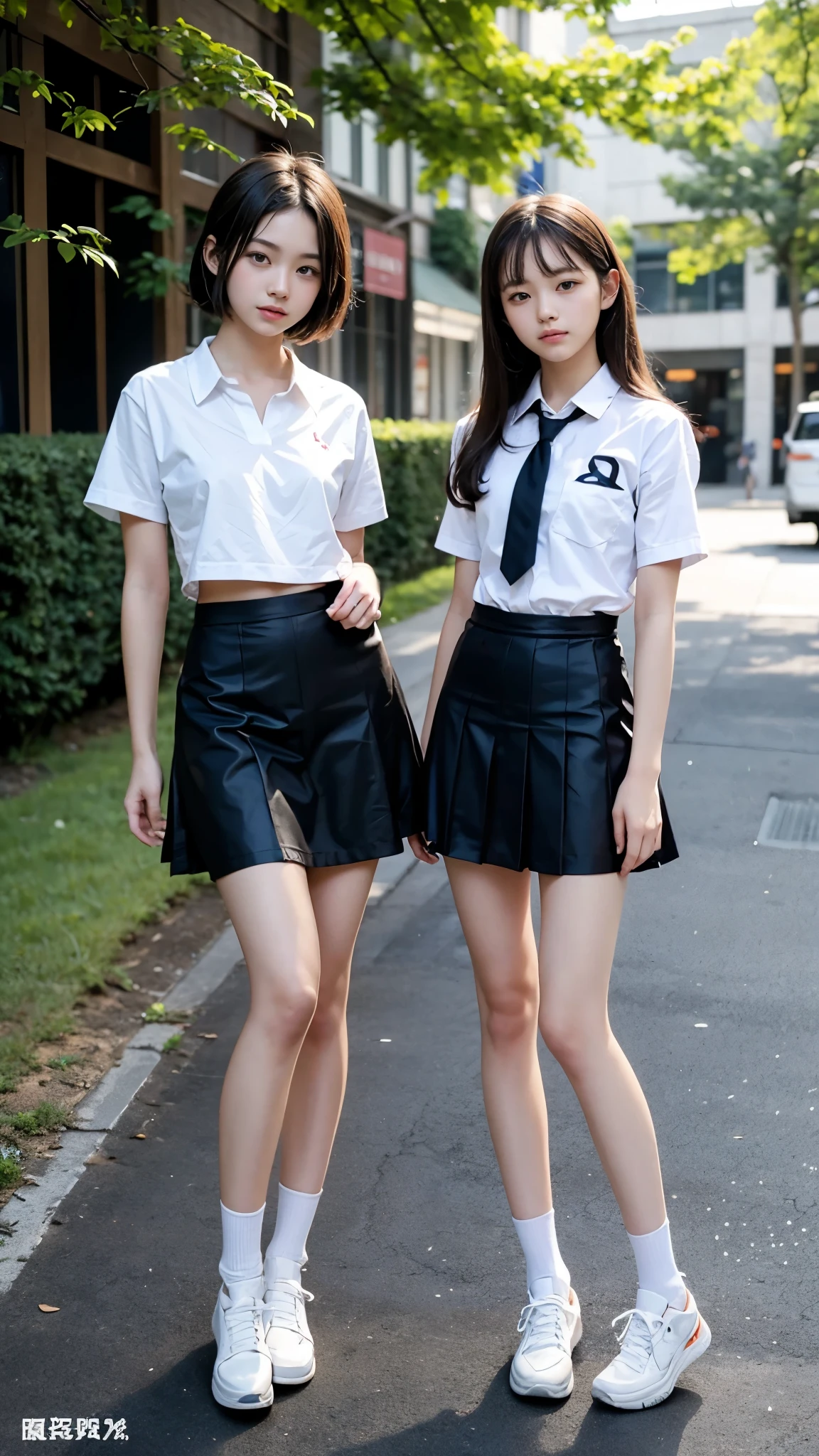 High detail, Textured skin, Very detailed, Ultra high definition, High-resolution model, Detailed face、bare navel、Twins, two girls, two high school girls、(((flat chest))), (flat chest:1.1)、 14years、a junior high school student、School Uniforms、Cute, young, (Full body:1.3)、Ultra-detail、​masterpiece、top-quality、超A high resolution、8K high image quality、Photogenic clarity、A detailed eye、Real live-action、Spring outdoor、Model Standing、Beautiful posture、High detail, Textured skin, Very detailed, Ultra high definition, High-resolution model, 