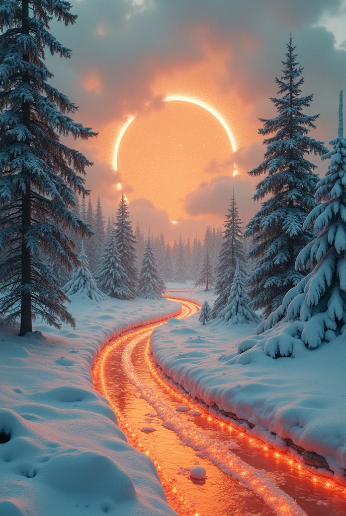 A magical world of snow and winter,It's flat here.,Snow covered everywhere,But it is emitting a sparkling orange light,Perspective Error, Distance Error, Very unbalanced, Psychedelic World, Time interval error, Up and down errors,The direction of gravity is incorrect, Light and shadow errors, Shadows in different poses, Works of Salvador Dali, Collage of realistic photos, Plane Expression