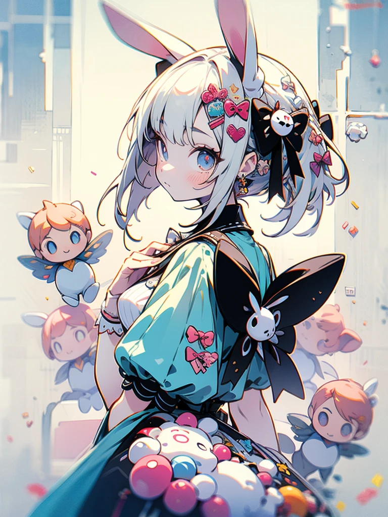 sideview,looking at viewer,There is a girl with bunny ears and dress, fairy core, , guvitz, close-up character, pale milky porcelain skin, porcelain white skin, ball joint doll, CG society