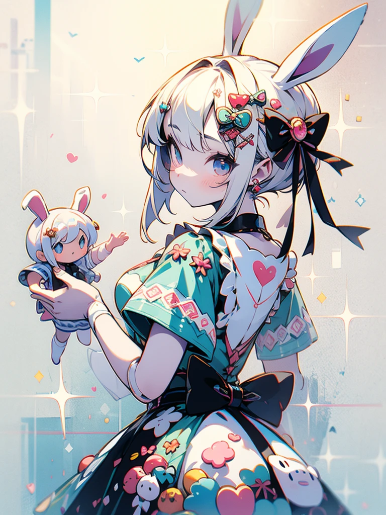 sideview,looking at viewer,There is a girl with bunny ears and dress, fairy core, , guvitz, close-up character, pale milky porcelain skin, porcelain white skin, ball joint doll, CG society