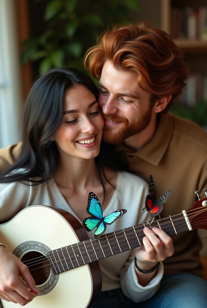 Black haired woman and red haired man, both with green eyes, woman sitting with a guitar in her hands playing, the white guitar with big butterflies drawn on the guitar, blue and red and man behind her helping her play the guitar, both happy and in love, happy love AND HAPPY LAUGHING, They hyperrealistic big 20 year olds and the 2 man beautiful and casual clothes, bearded and handsome man, HYPERREALISTIC 4k ((ultra realistic))) Photo, masterpiece, top quality, (Pale skin), (Ultra detailed face and eyes SMILING IN LOVE.:1.3), 1 girl, And Adult BOY IN LOVE SMILING HAPPY THEY ARE HAPPY