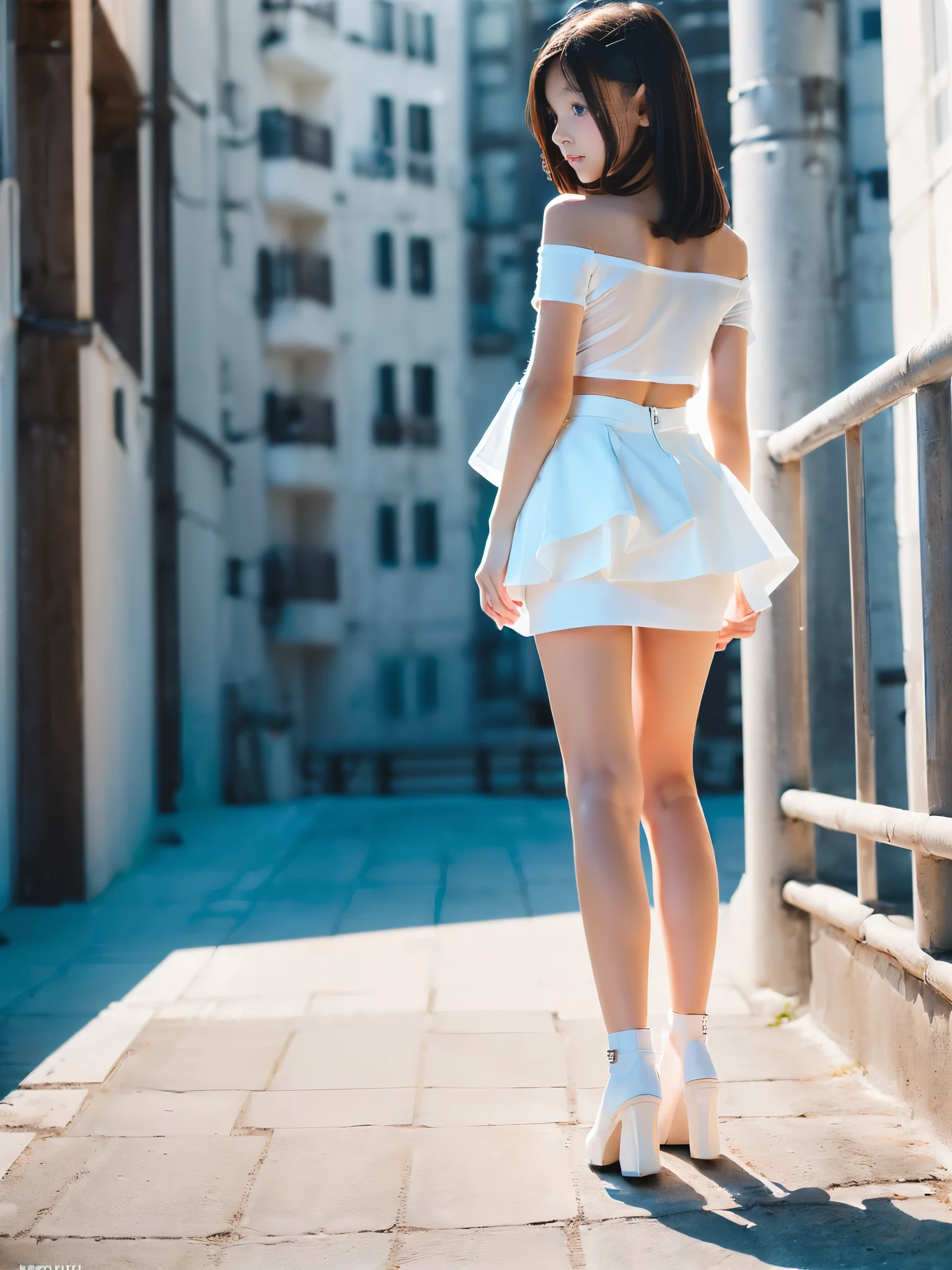 ((Full body portrait:1.5)),(pure white ultra micro mini skirt:1.5),beautiful virgin with a baby face and childlike figure wearing pure white off-shoulder lightly Top,(looking at ahead),(arms behind back:1.5),(desperate look),showing panties,from side,from below,Ultra high definition,Highest quality