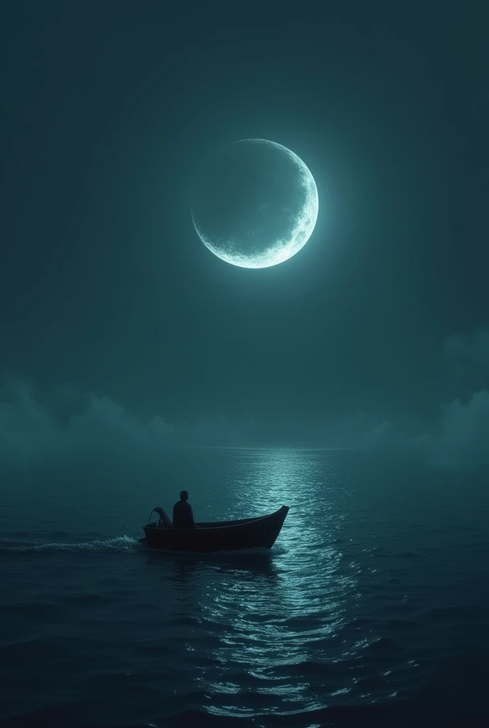 At night, there is a small boat in the middle of the sea, and there is a large crescent moon in the middle of the sea, giving a sad feeling.