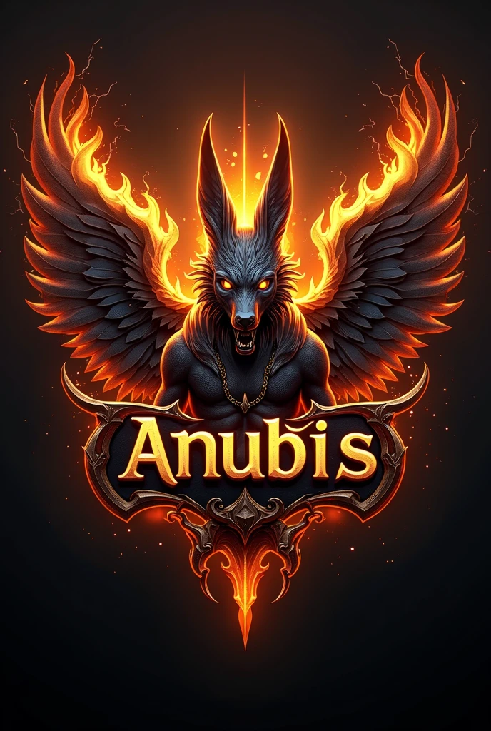((best qualityer)), ((work of art)), (detailded), create a gamer logo with the character egyptian god anubis, The logo must have a coat of arms with the character in front of the front bust, e o nome escrito ANUB☥S, Anubis has to be on fire epic dragon gamer style., and anubis has to look bad