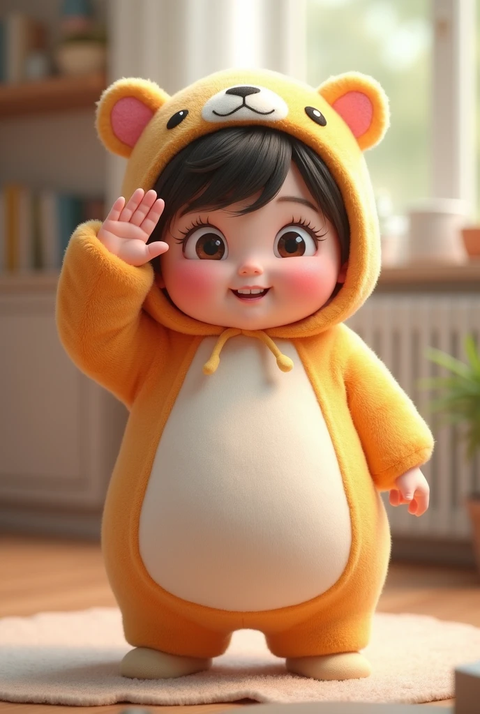 (girl),(()) ,3d images ,Highest quality 8K ,Chubby body shape,((Very fat)),Pink cheeks,podgy,Good mood,((Raise your hand to salute your boss.)),((right hand saluting)),((Open your eyes.)),Put on a stuffed animal costume,Balanced lighting,blurred background,Middle of the picture