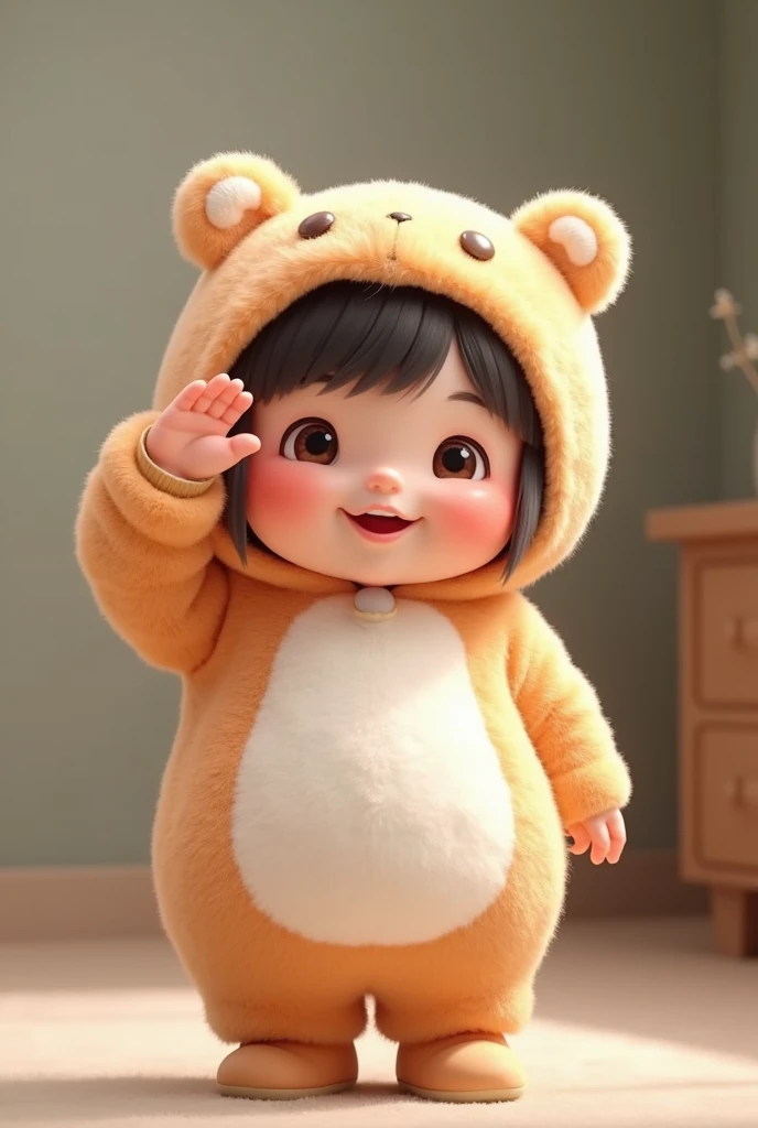(girl),(()) ,3d images ,Highest quality 8K ,Chubby body shape,((Very fat)),Pink cheeks,podgy,Good mood,((Raise your hand to salute your boss.)),((right hand saluting)),((Open your eyes.)),Put on a stuffed animal costume,Balanced lighting,blurred background,Middle of the picture