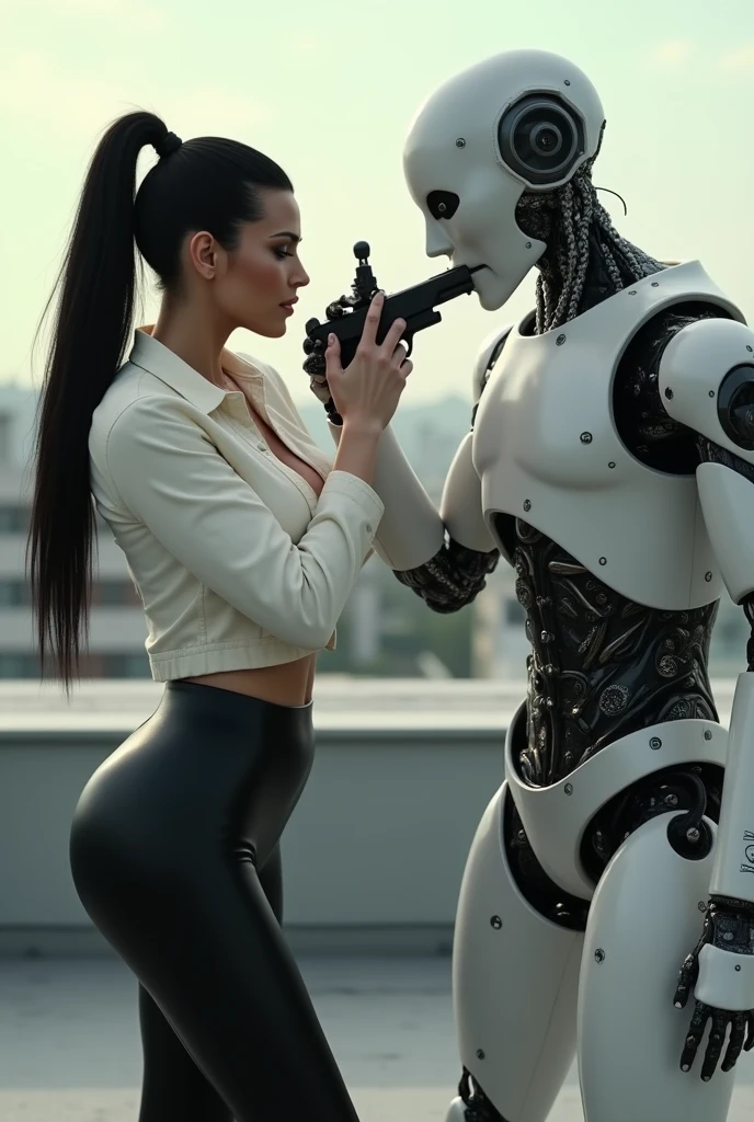 Kim Kardashian with long straight black hair in a ponytail in a white shirt with buttons with sleeves and not belly-free, generous cleavage,in a very tight black latex leggings , she fights with a robot for a gun , the robot grabs the gun , on a roof 