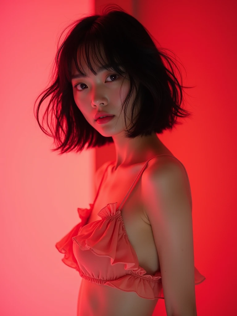real photograph, (masterpiece), (highest quality), (Super detailed), (messy hair), (shape), (one japanese girl), (chiffon frill bikini), big breasts, Are standing, Fashion Model, (simple pink red background), fine and beautiful eyes, pretty faced, floating, (high color saturation), focus on face, black bob cut hair, floating Hairs, (shining), best writing, best shadow,