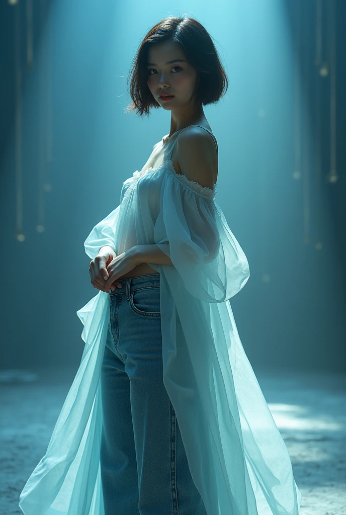 (photorealism:1.2),unreal beauty, standing, tall, wearing dress with jeans, realistic, intricate details, cool colors,Asian beauty, blue eyes, short straight hair, standing on stage