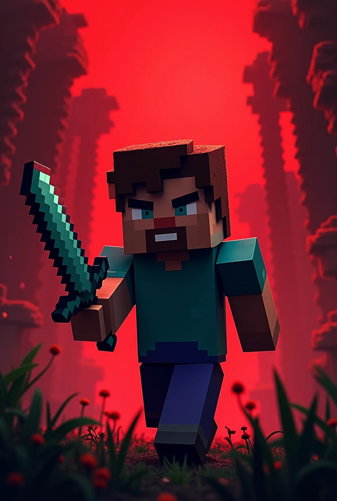 Generate a Minecraft gaming youtube channel banner in dark theme and red background 
