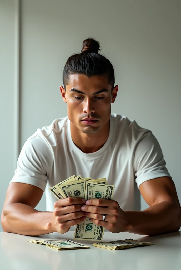 Cristiano Ronaldo is sitting at a table with dollars in his hand