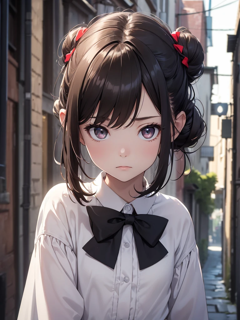 (8K, Best Quality, Masterpiece, Ultra High Resolution) Single Person, 1 Girl, , Young, Small Child, Cute Eyes, Face Details, Pale Skin, Slender, Short, Flat Chest, Dark Black Hair, Hair Bun, Brown Eyes, Hair Bow, Dark Alleyway, Best Quality, Upper Body, Looking at the Viewer, Facing Viewer, Close Up