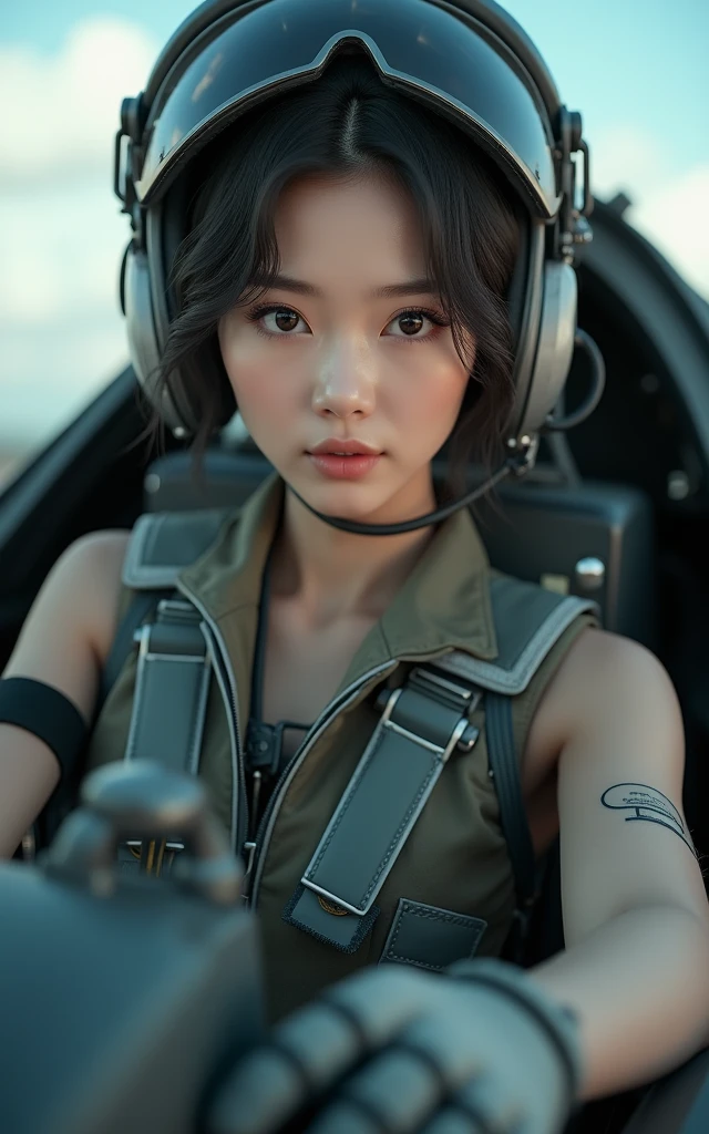 (masterpiece:1.2), Super detailed, ultra high resolution, (realistic, photo realistic:1.37), High-definition RAW color photos, professional photos, highly detailed face, very fine eyes, highly detailed skin, very fine fingers, highly detailed nose, highly detailed mouth, perfect anatomy, highly detailed background, (famous japanese actress:1.2), (Improve:1.25), flat chest, brown race, black skin, blonde hair, Very short cut hair, (completed nude:1.3), (Fighter cockpit:1.6), (NSFW:1.3),