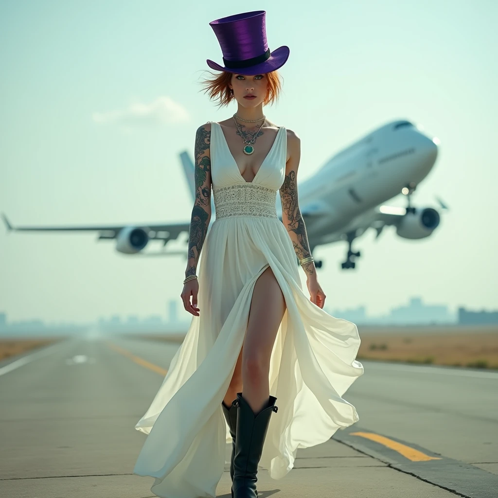 Créer une image de haute qualité 16k, photo réaliste, tres longue pause, pellicule kodak, objectif canon 85mm ,planreculer, plan large, avec une femme, Ana de Armas, habillée avec une robe blanche. peau légèrement bronzé, pas avancé donnant l'impression d'un mouvement arrêté dans le temps se déplaçant subtilement avec le mouvement de ses pas, brise de vent, ouverte sur les cuisses, des bottes haute noir, un décolleté en "V" faisant apparaître ses seins. elle a cheveux court, tombant autour de son coup, sa chevelure est rouse avec des meche tombante sur visage. tatouge sur bras coup ventre cuisse. elle porte sur la tête Chapeau haut-de-forme violet style victorien vintage steampunk ornementé. aire déprimé. immense piste d’avion, derrière un boing 747 au decollage. les yeux vert perçant. L'un de ses pieds est légèrement avancé, comme si elle était en train de faire un pas en avant vers la camera. petite lunette de ronde. A la nuit. L'ensemble de la scène capture un moment de puissance, de détermination et de grandeur