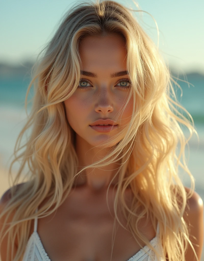 Photorealistic of a insanely beautiful woman with blonde windy messy hair, in the style of panasonic lumix s pro 50mm f/1.4, light beige and dark azure, celebrity images mashups, photo realism, barbiecore, unreal engine 5, 32k uhd, luminous quality, swiss realism, niji 5, full body