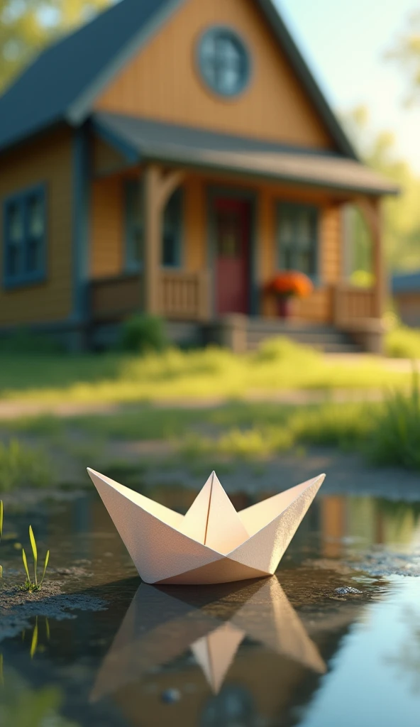 A paper boat is in a puddle and in front of a house.