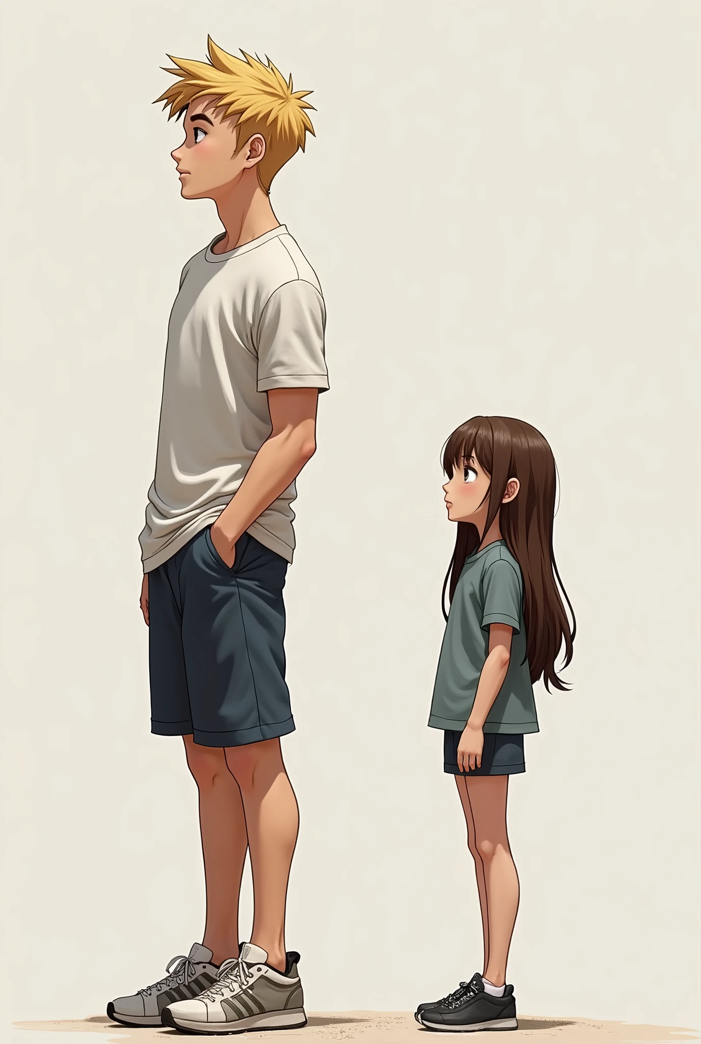 An athletic boy with blond hair of 1.83 tall 2 next to a girl.70 tall, white, 2 brown hair