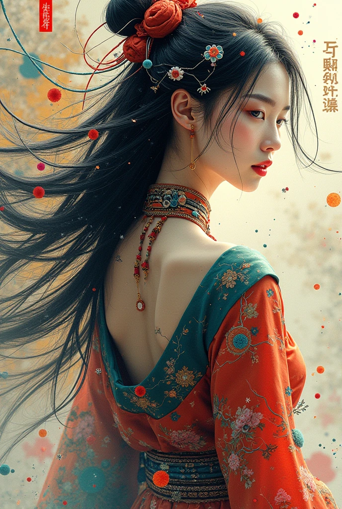 aesthetic,masterpiece,photorealistic,entangle,mandala,tangle,entangle,ecstasy of flower,dynamic angle,the most beautiful form of chaos,elegant,a brutalist designed,vivid colours,romanticism,atmospheric,(fluttered detailed ink splashs), (illustration),1girl,(long hair),electronics, motors, wires, buttons, lcd,lacivious pose,(expressionless ,hair ornament:1.4)chinese clothes,(focus on), color Ink wash painting,(ink splashing),color splashing,((colorful)),[sketch], Masterpiece,best quality, beautifully painted,highly detailed,(denoising:0.7),[splash ink],yin yang,a lot of details,mysterious expression, in a modern and abstract setting, with bold and colorful abstract art, photo shot from front,highly-detailed, (flat color:1.1),(colorful:1.3),(masterpiece:1.2), best quality, masterpiece, original, extremely detailed wallpaper,from everywhere, looking at viewer,upper body, full body,
there is an ancient palace beside the girl,oriental city,eastern architecture,a lot of details,mysterious expression, in a modern and abstract setting, with bold and colorful abstract art,bright lighting,movie studio (analog film:1.3) (vhs movie) (photorealistic) (screencap) (cinematic lighting) (sharp focus) (80sDarkFantasySD15b:1.0),,natural lights, photorealism, cinematic,