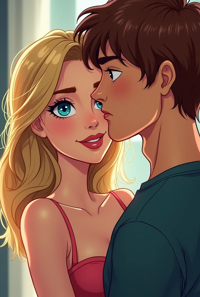 Cartoon a beautiful woman with shoulder-length golden hair and blue eyes tried to seduce a man with auburn dark hair slightly long and hazel brown eyes