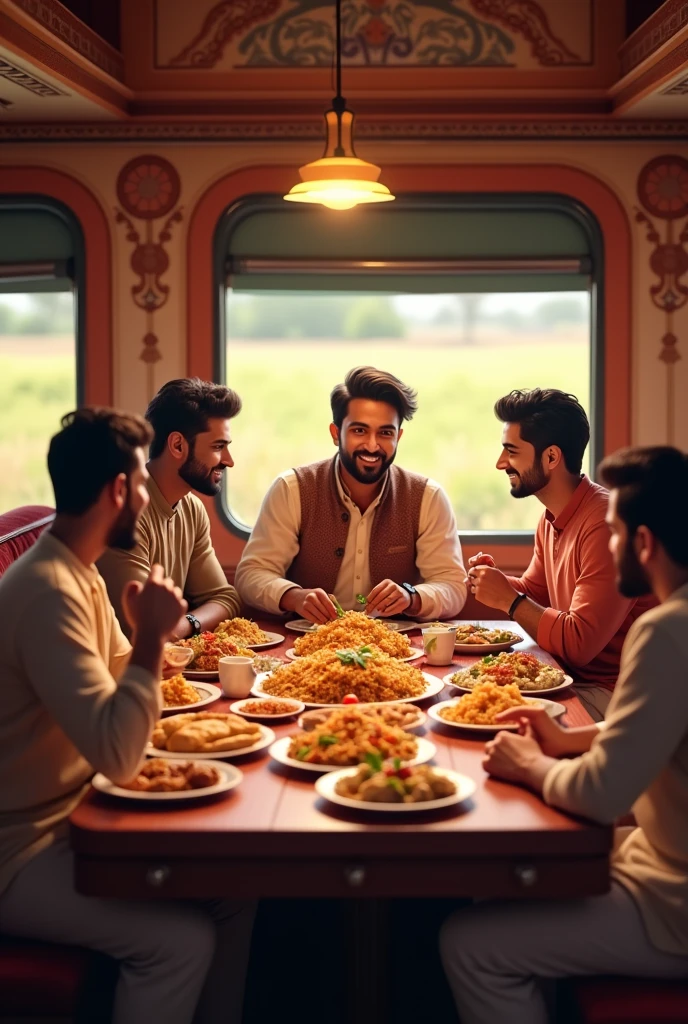 "A young Pakistani man sitting inside a train compartment with a group of friends, enjoying a meal together. The scene is depicted in high detail and 3D, showcasing the vibrant interior of the train with traditional Pakistani decor. The group is dining on a variety of Pakistani dishes, such as biryani, kebabs, and naan, spread out on a table. The young man and his friends are engaged in lively conversation, with the train’s windows offering a glimpse of passing landscapes. The atmosphere is warm and inviting, capturing the essence of camaraderie and cultural richness within the confines of a modern train journey."