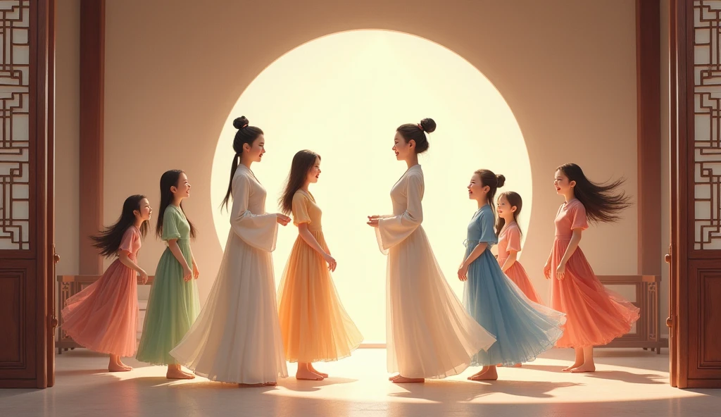 In the simple elegant ancient chinese room 2 young women talking and 5 young girls in different dress color chating and laughing.