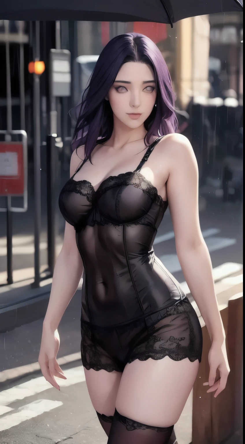 a beautiful young woman with purple hair, looking directly at the viewer, full body shot, wearing stockings, in a pedestrian area of a city at night, city skyline in the background, rain, dramatic lighting and atmosphere, (best quality,4k,8k,highres,masterpiece:1.2),ultra-detailed,(realistic,photorealistic,photo-realistic:1.37),beautiful detailed eyes,beautiful detailed lips,extremely detailed eyes and face,long eyelashes,medium breasts,dramatic:1.2,kafka:1.2