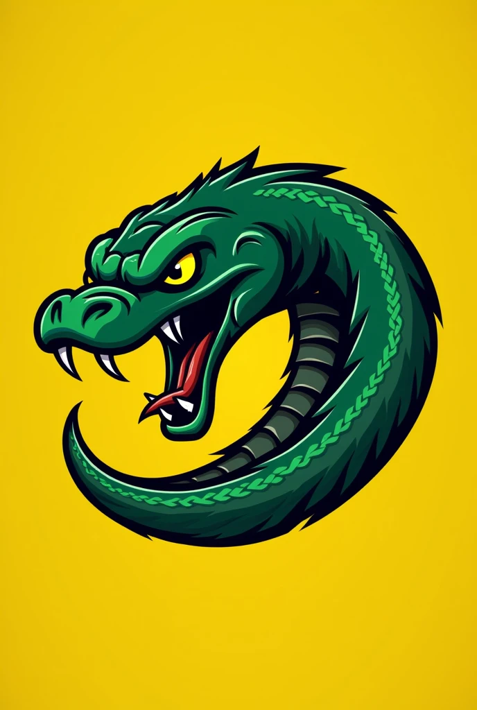 Logo for an athletic club, with a snake and a duck&#39;s head. yellow and green. Aggressive Expressions.